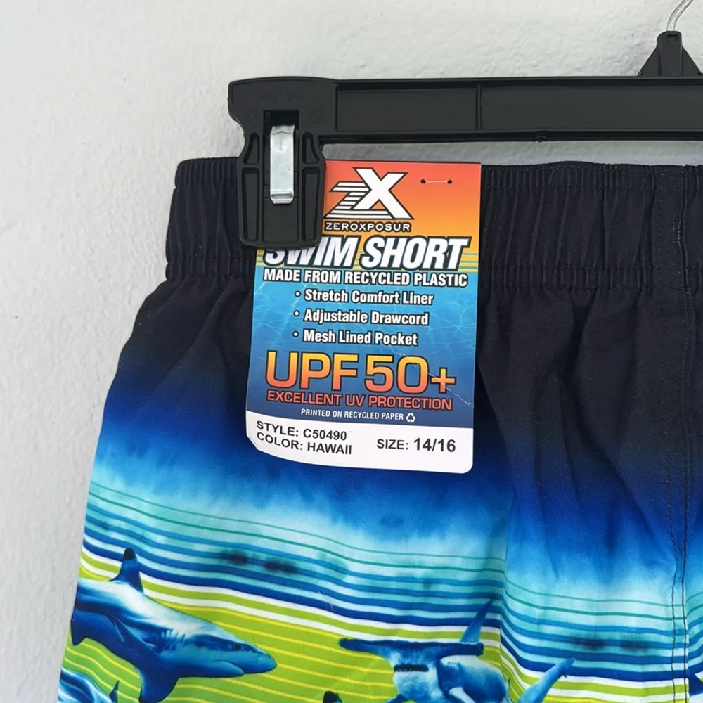 Zero Xposur blue green shark print swim trunks and goggles set size 14/16